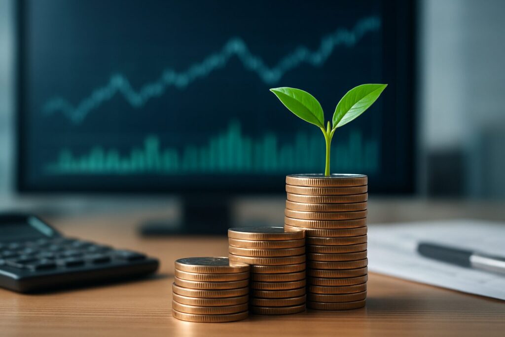A stack of coins with a small plant growing from the top, with a blurred financial graph in the background.