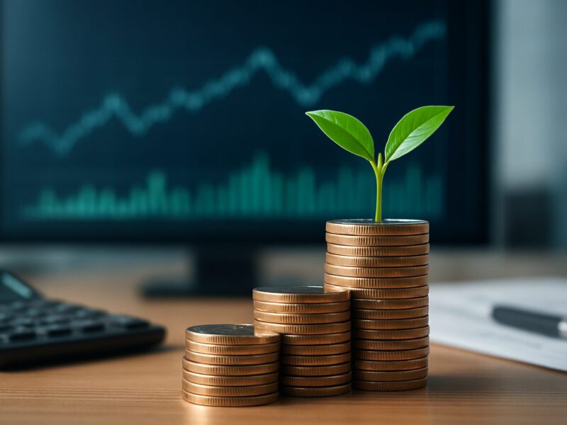 A stack of coins with a small plant growing from the top, with a blurred financial graph in the background.