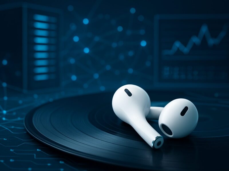 Wireless earbuds resting on a vinyl record with a tech-themed background
