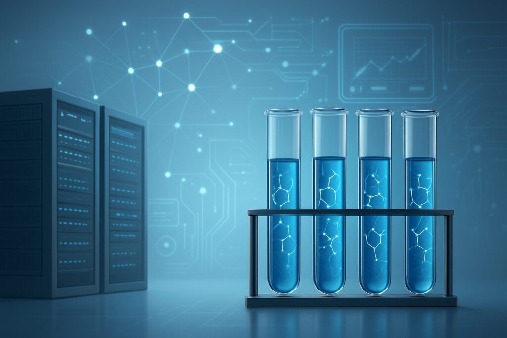 four test tubes containing blue liquid in a laboratory setting with server racks in the background