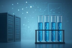 four test tubes containing blue liquid in a laboratory setting with server racks in the background