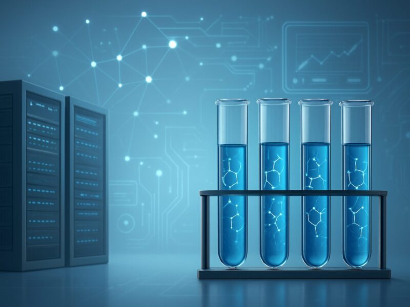 four test tubes containing blue liquid in a laboratory setting with server racks in the background
