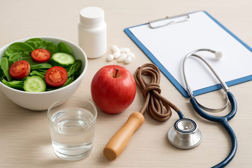 A bowl of salad with a stethoscope, an apple, water, and a clipboard on a table.