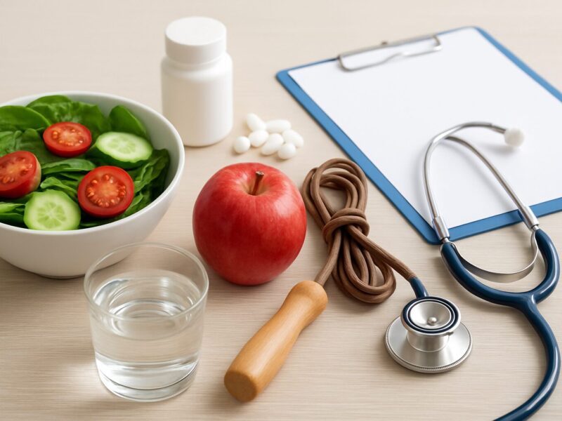 A bowl of salad with a stethoscope, an apple, water, and a clipboard on a table.