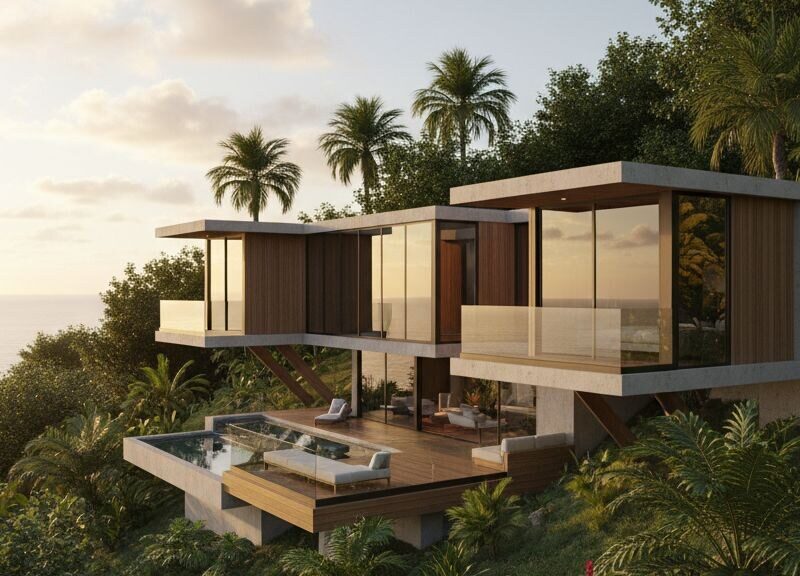 A modern house with large glass windows surrounded by tropical vegetation overlooking the ocean.