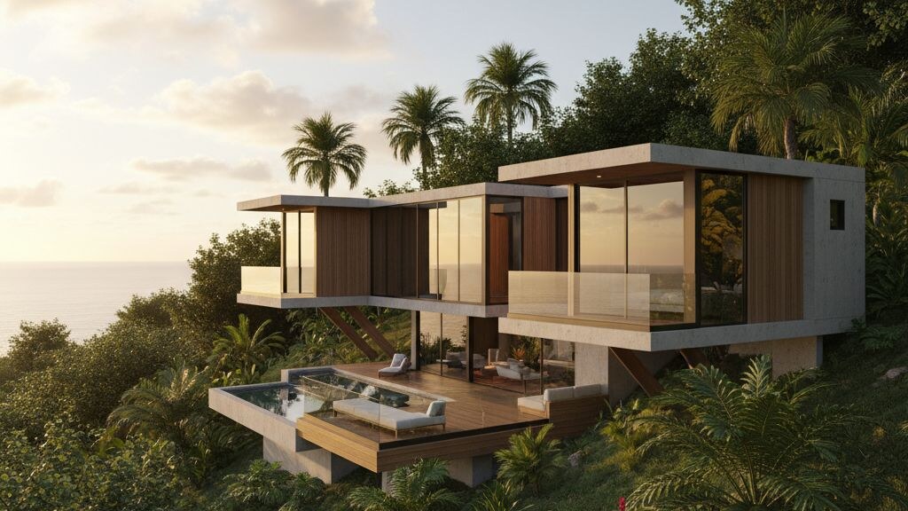 A modern house with large glass windows surrounded by tropical vegetation overlooking the ocean.